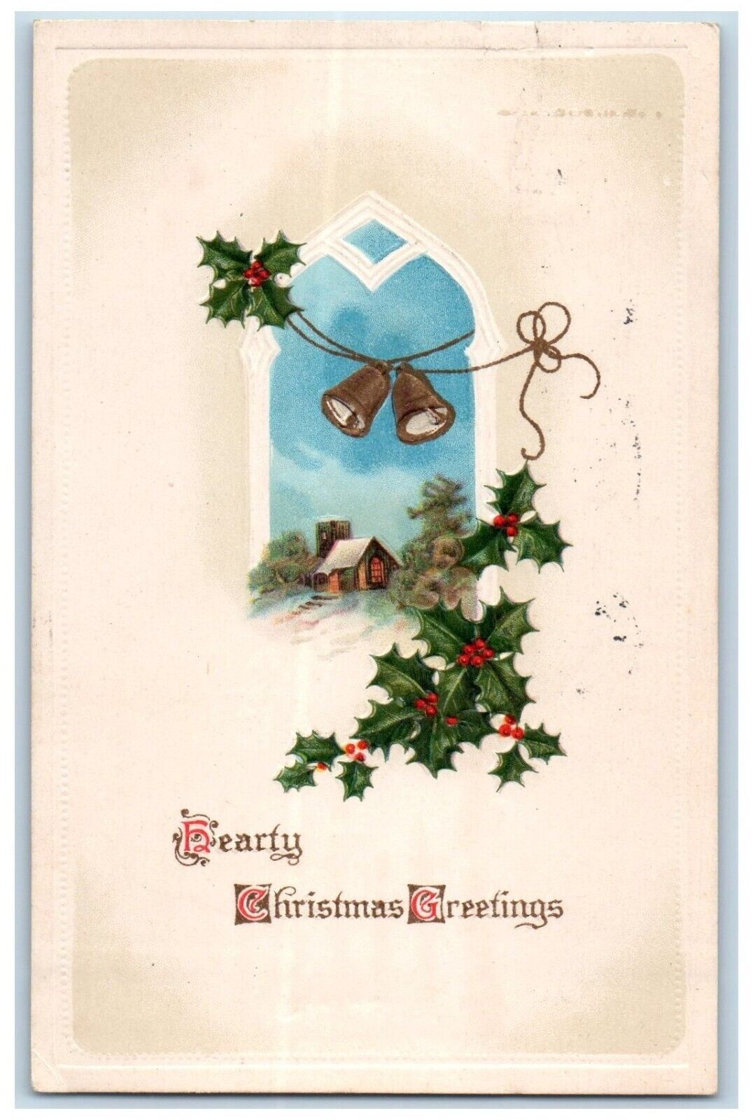 Christmas Postcard Greetings Holly Berries Bells Minneapolis MN 1915 Antique