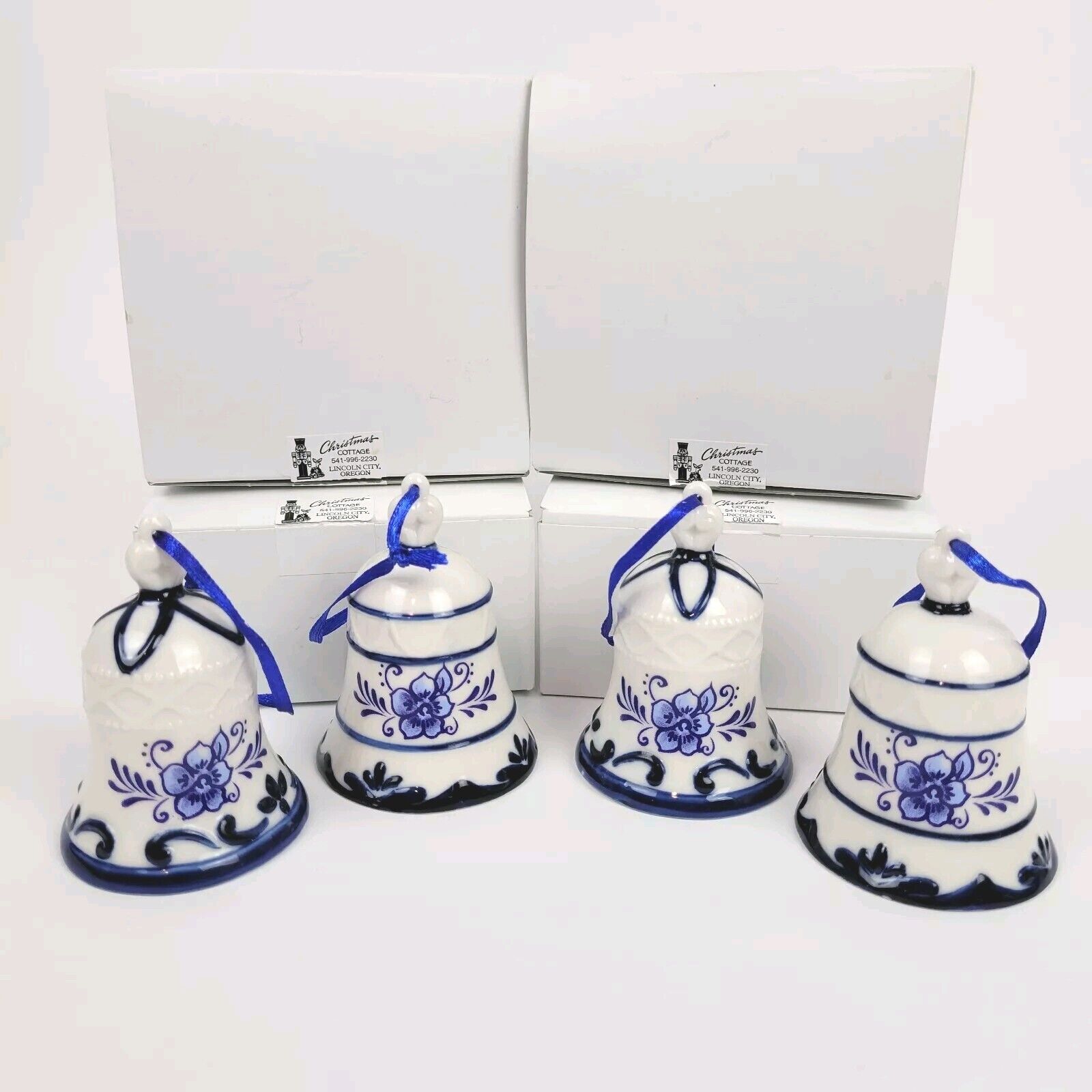 Christmas Cottage~Blue White Porcelain Bell Ornament Floral~2-7/8×2-3/8~NEW NOB