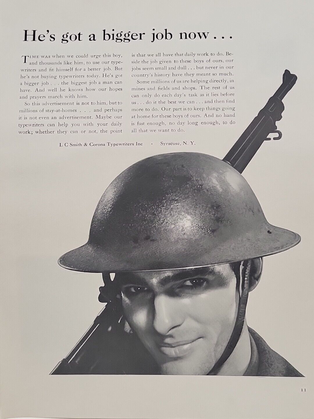 1942 Smith & Corona Typewriter Fortune WW2 Print Ad Q1 Soldier War Gun Helmet