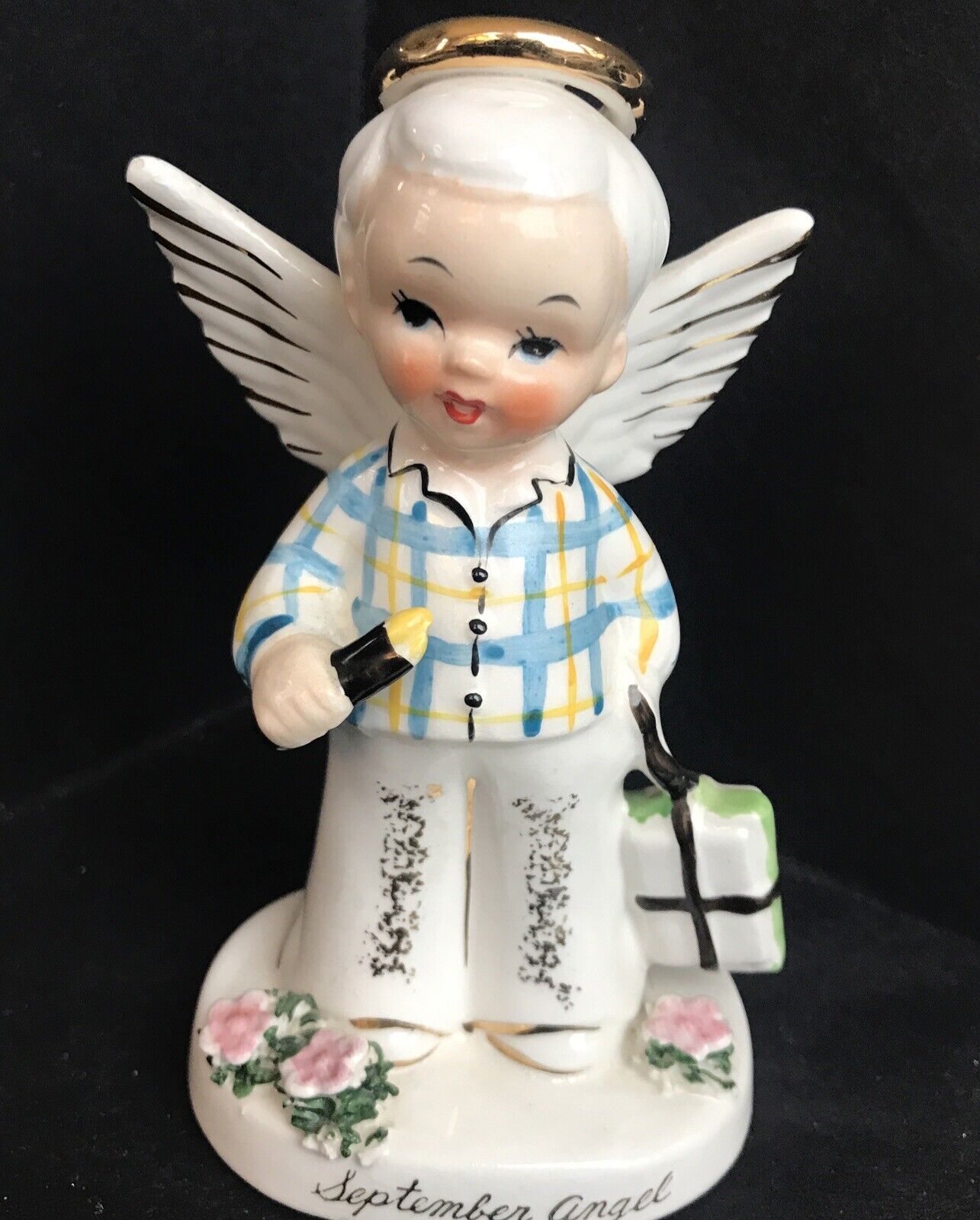Vintage 1956 Napco BOY September  ANGEL Birthday Figurine Kitschy Beautiful