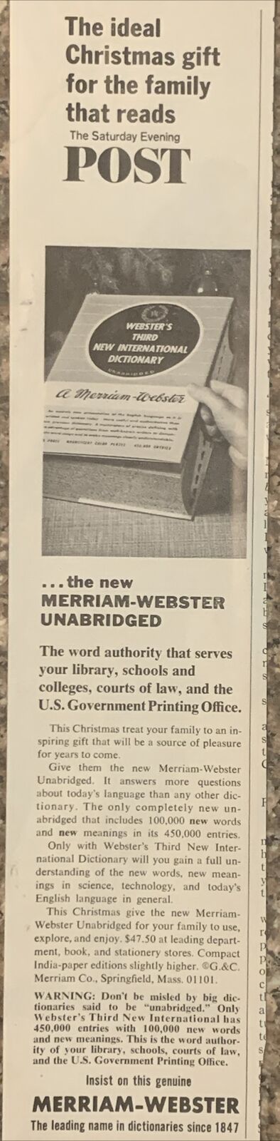 1966 Merriam-Webster Unabridged Dictionary Third International VTG 60s PRINT AD