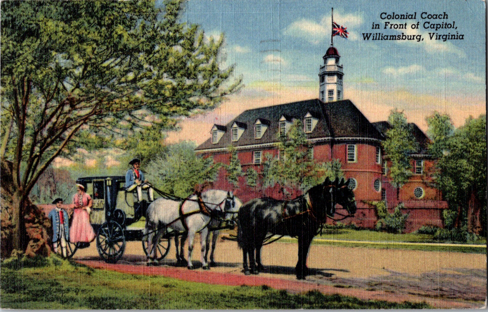 Vintage 1949 Colonial Dress Horse Drawn Carriage Capitol Williamsburg Postcard 