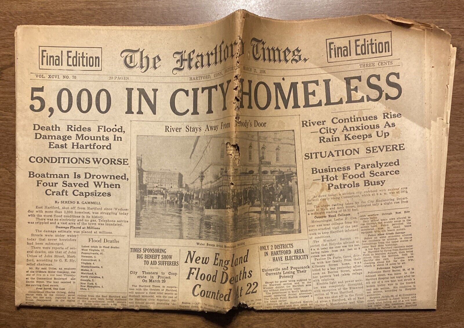 VTG Hartford Times March 21 1936 Newspaper Connecticut Flood **Poor Condition**