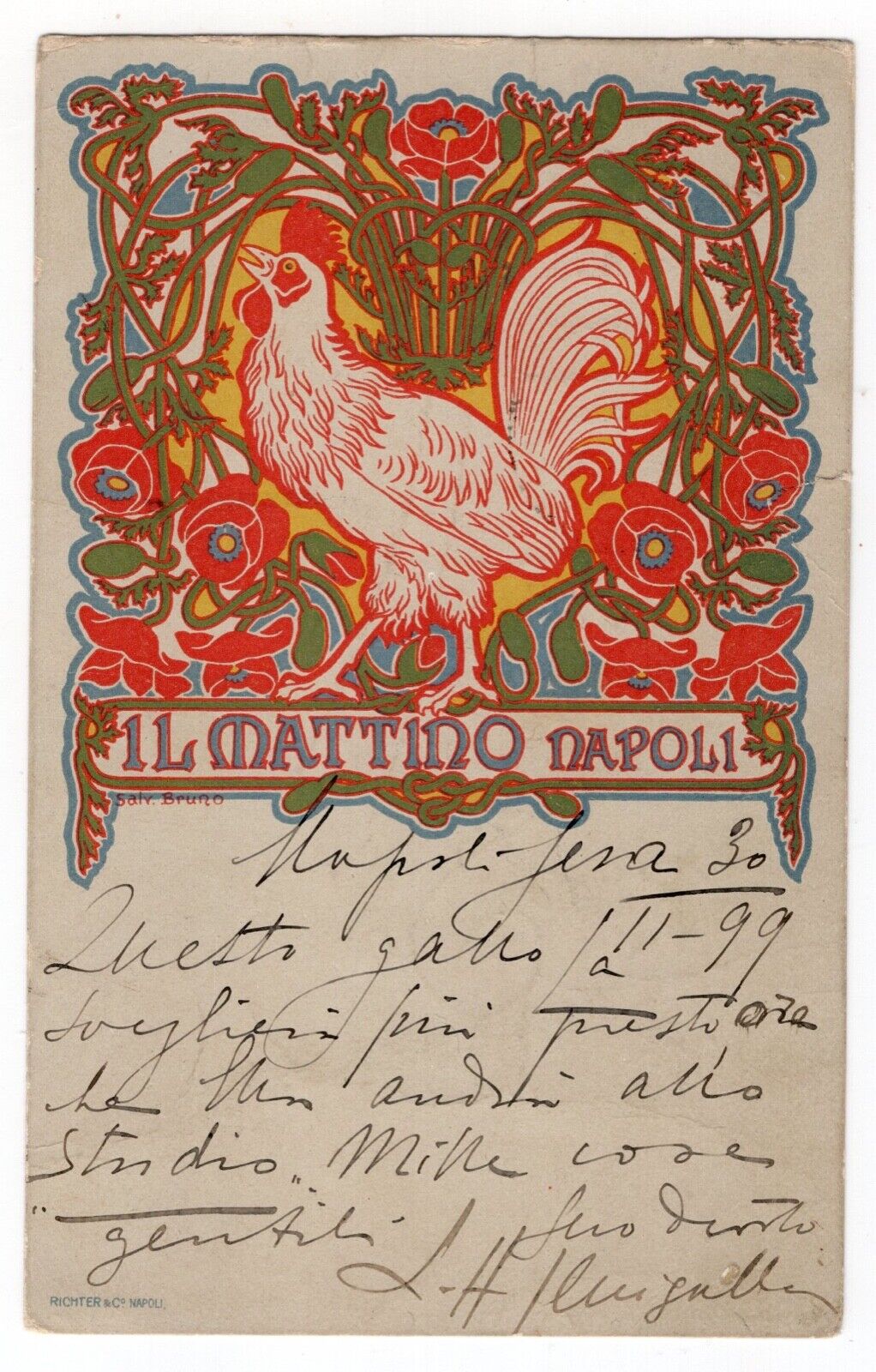 1899 IL MATTINO NAPOLI ROOSTER ADVERTISEMENT POSTCARD SIGNED SALVATORE BRUNO
