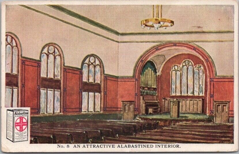 c1910s ALABASTINE Wall Coating Advertising Postcard No. 8 - Church Interior