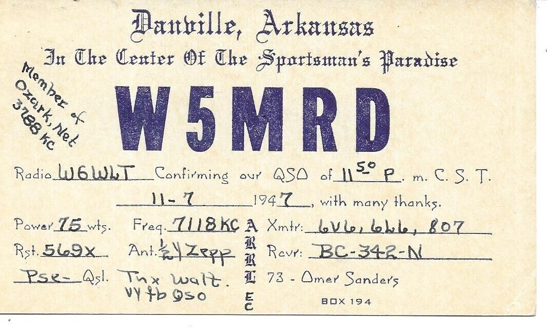 QSL 1947 Danville Arkansas   radio card