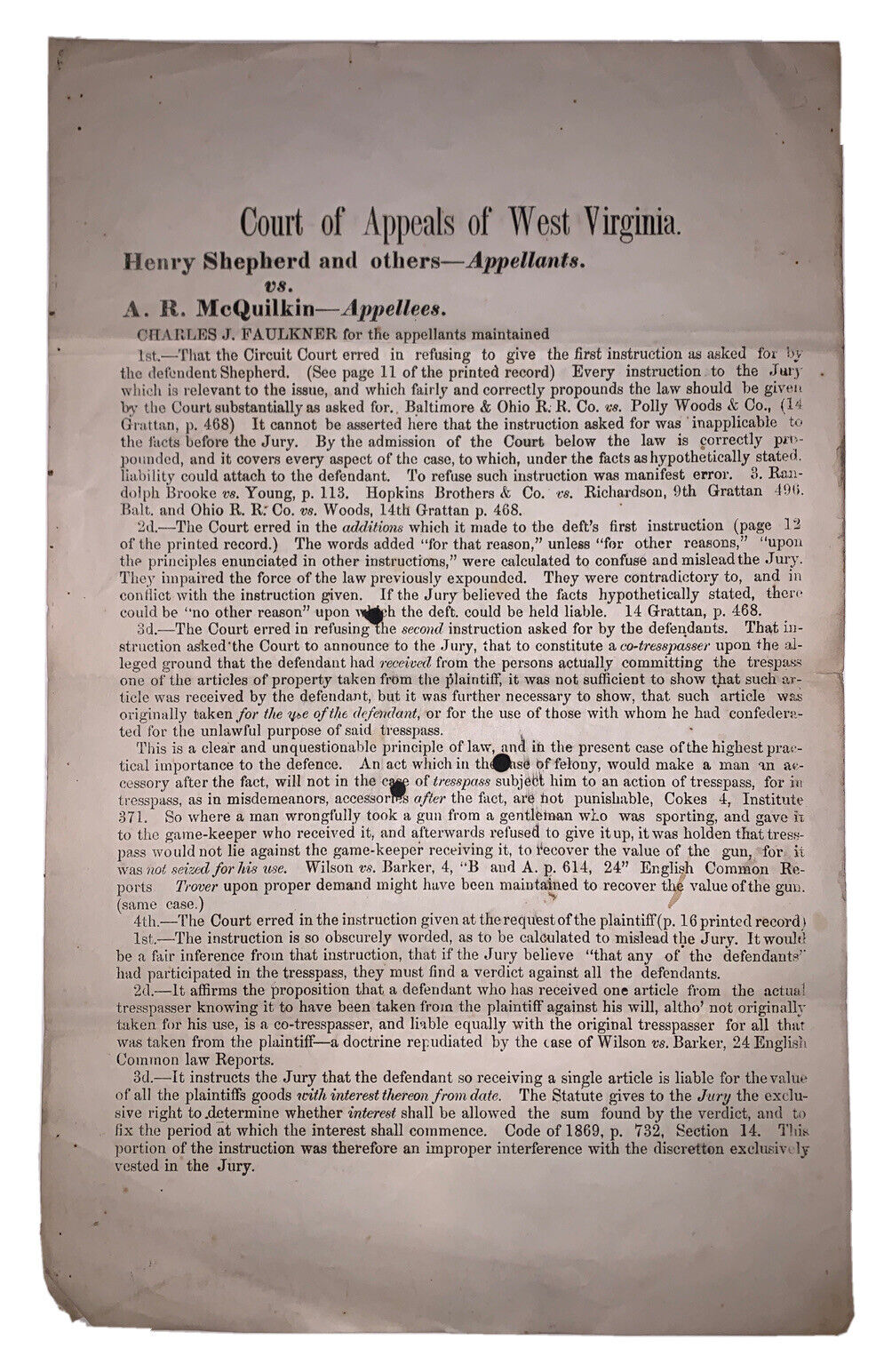 1867 BROADSIDE, BERKELEY COUNTY WEST VIRGINIA, SHEPHERD vs A R McQuilkin, LEGAL