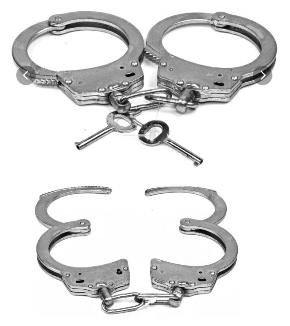 REAL Police Handcuffs SLIDING DOUBLE LOCK Professional SOLID STEEL Hand Cuff KEY