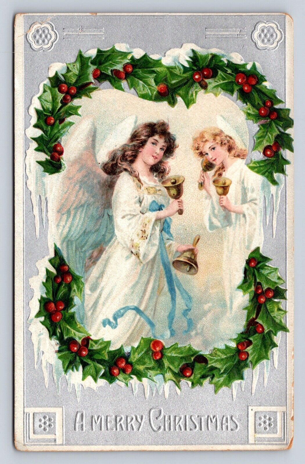 c1910 Angels Wreath Frost Germany Embossed Christmas P606