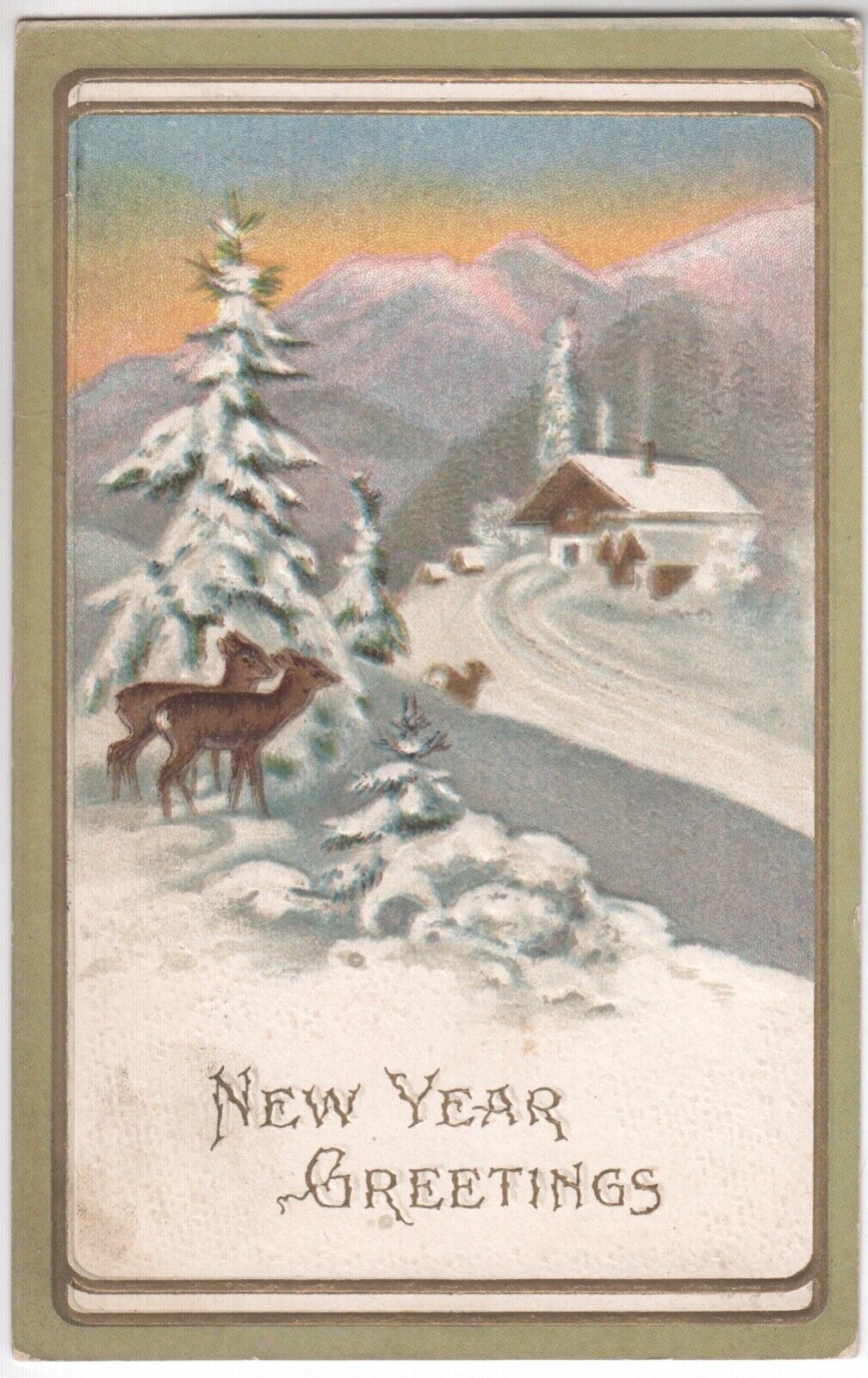 1911 - Happy New Year Greeting - Deer Chalet Snow Mountains - Embossed
