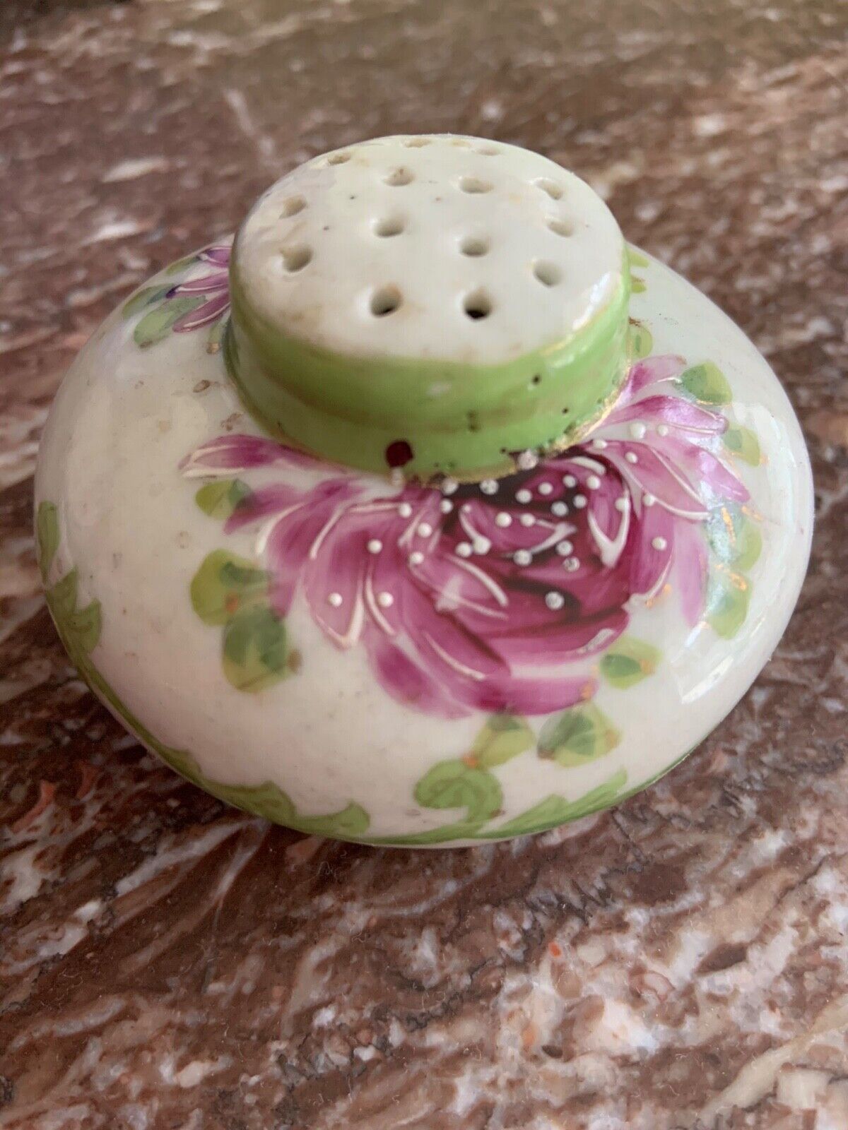 Vintage Salt Shaker, Short and Round, Hand-painted with Fuchsia & Green, Unique