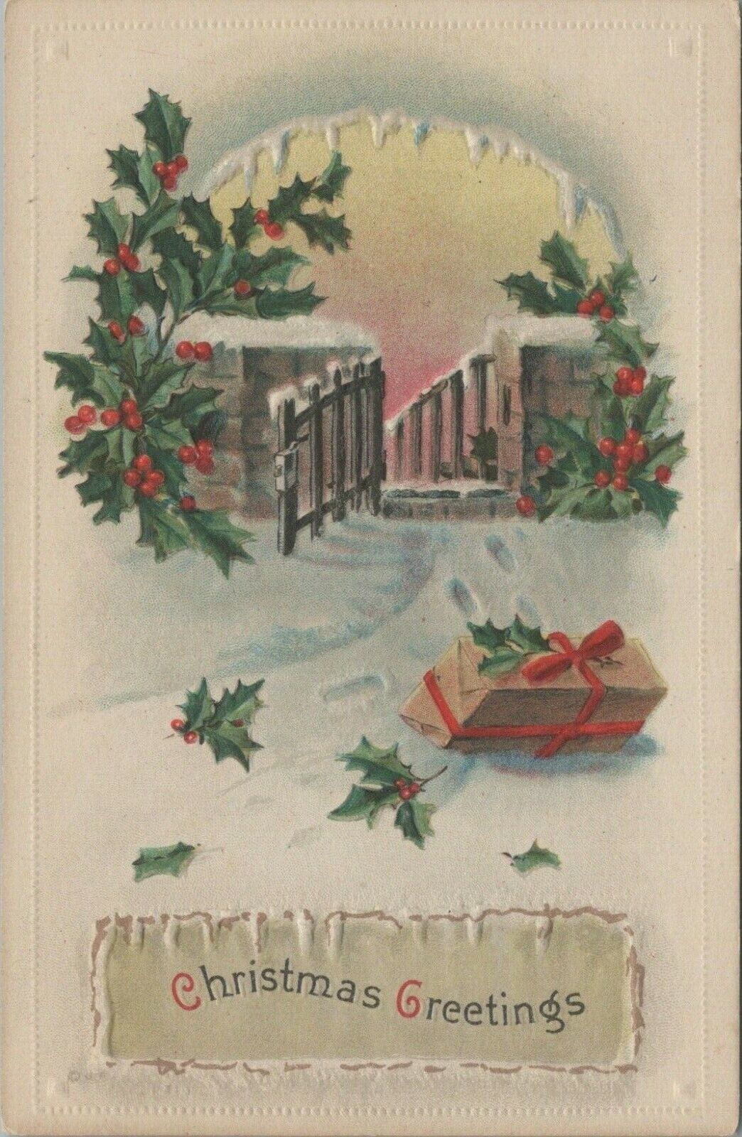 Christmas Greetings Winter Scene Embossed Present Divided Back Vintage Post Card