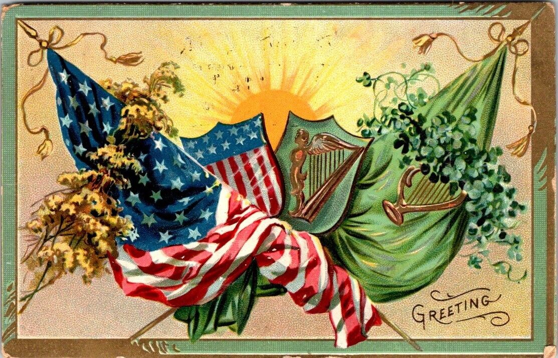 St Patricks Day Greeting American Flag Irish Raphael Tuck Postcard 1908 / 9 B04