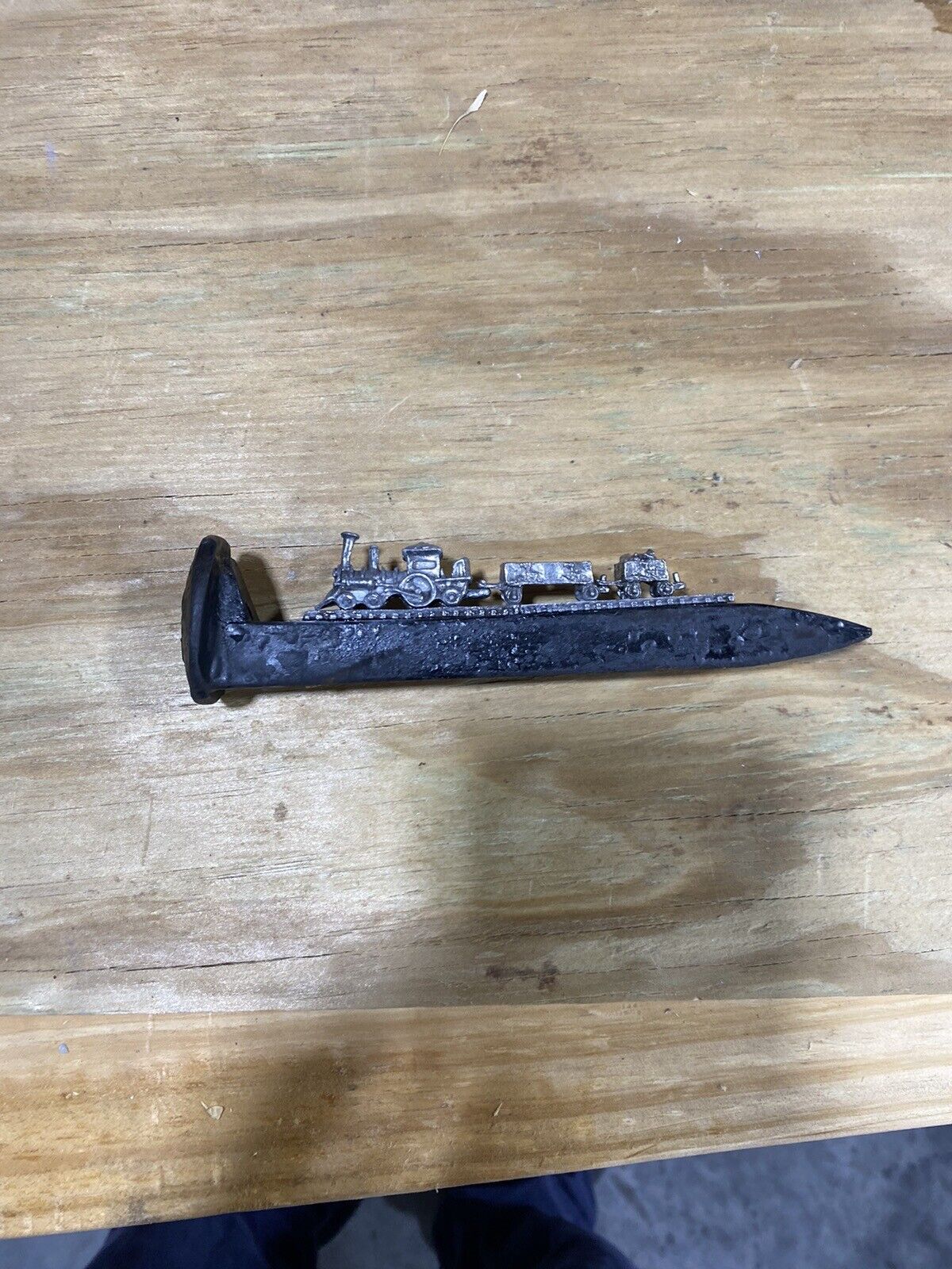 Railroad Spike with Miniature Pewter Train