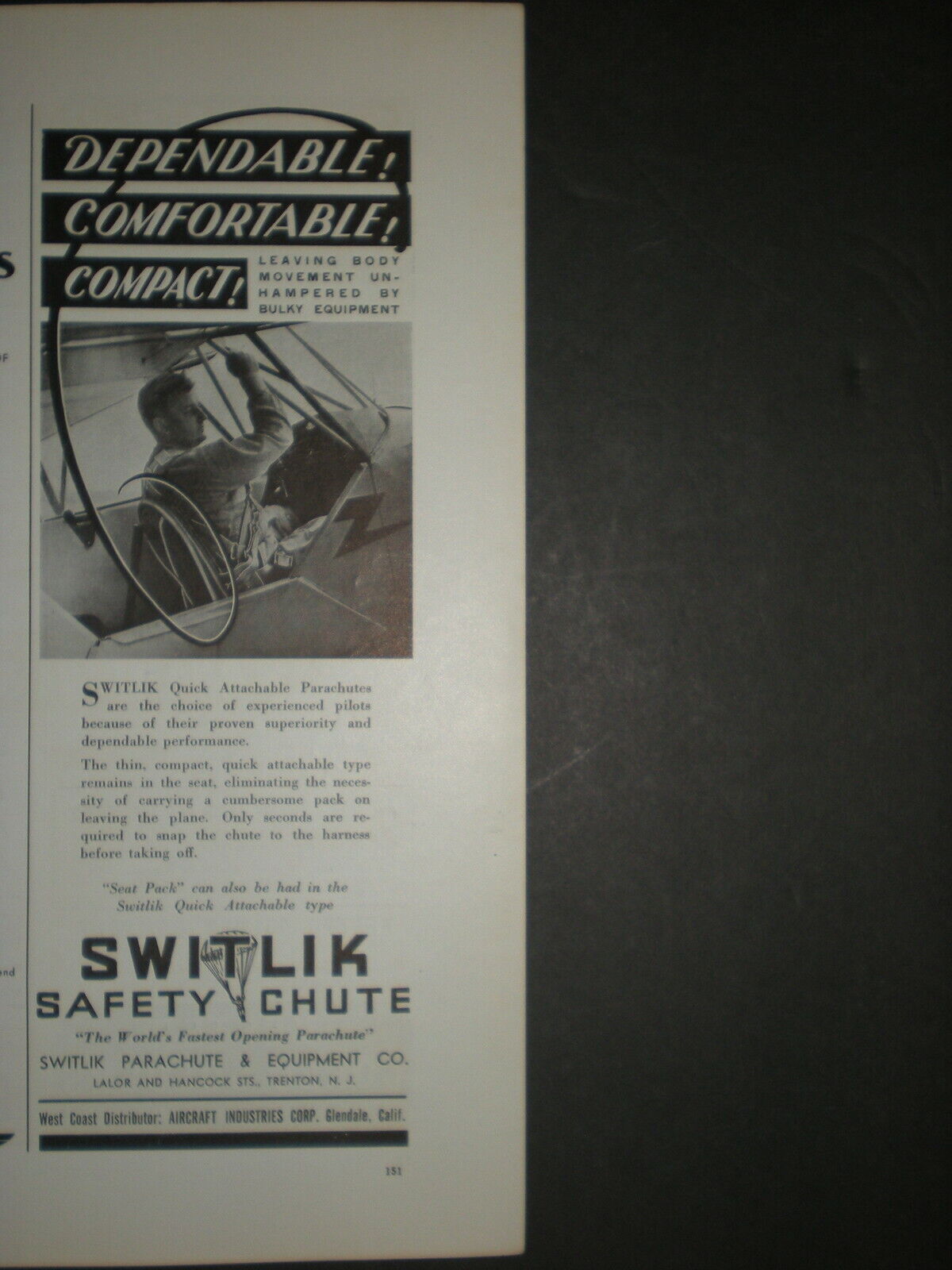 1940 SWITLIK QUICK ATTACHABLE PARACHUTE vintage SAFETY CHUTE Trade print ad