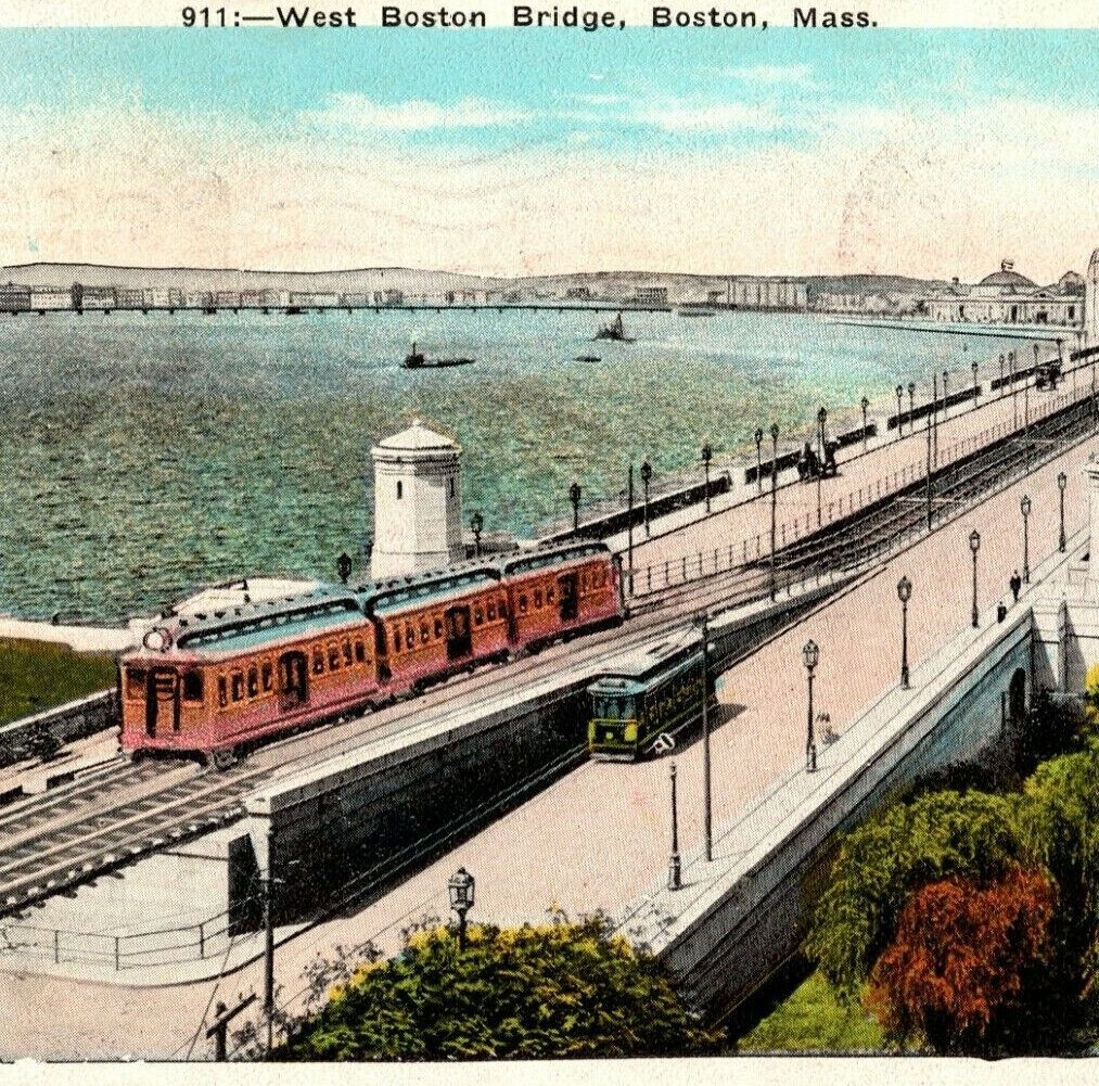 1925 West Boston Bridge Charles River Cambridge Mass White Border Postcard