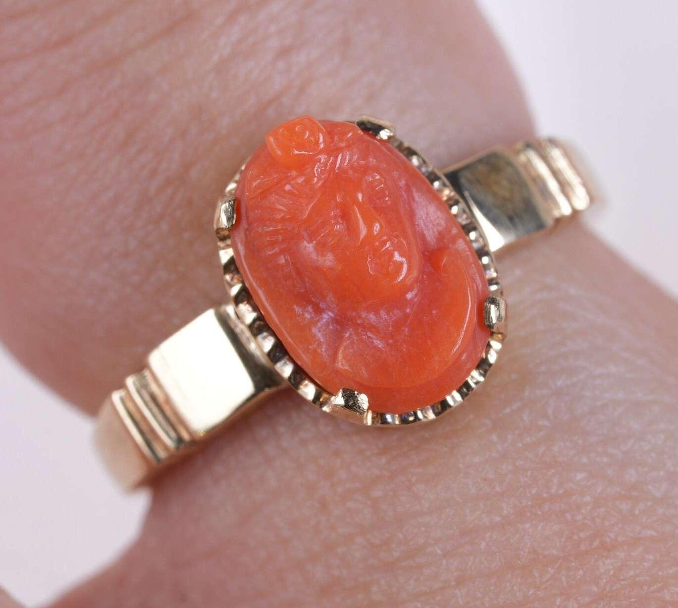 sz5 Antique 14k gold coral cameo ring