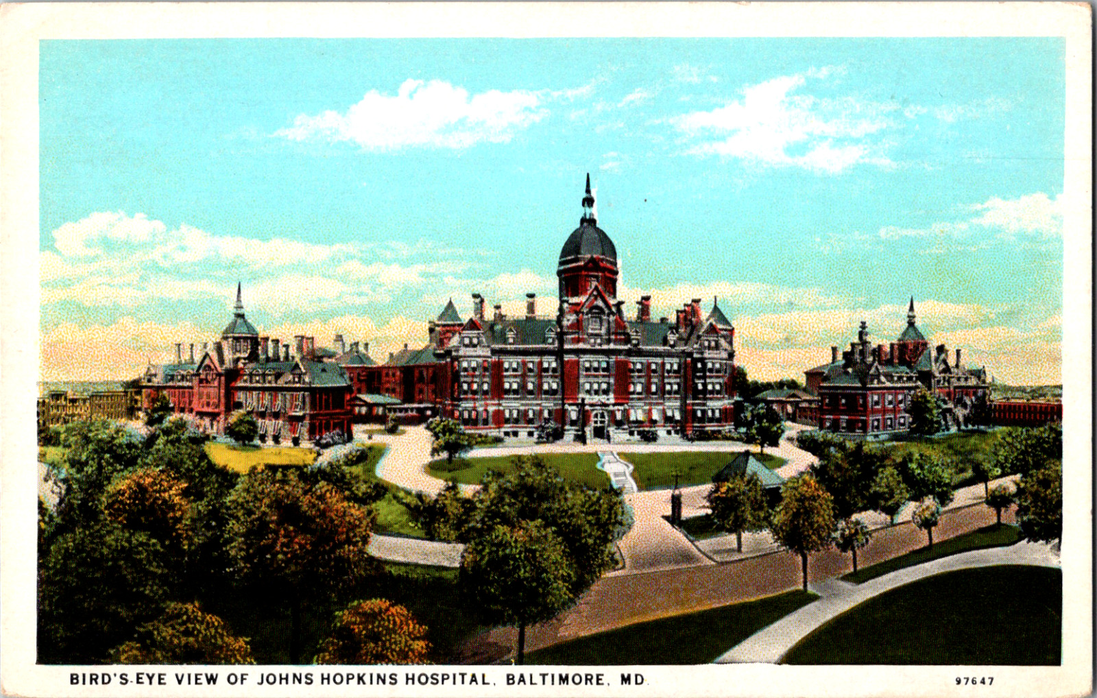 Vintage C. 1920's Johns Hopkins Hospital Bird's Eye View Baltimore MD Postcard
