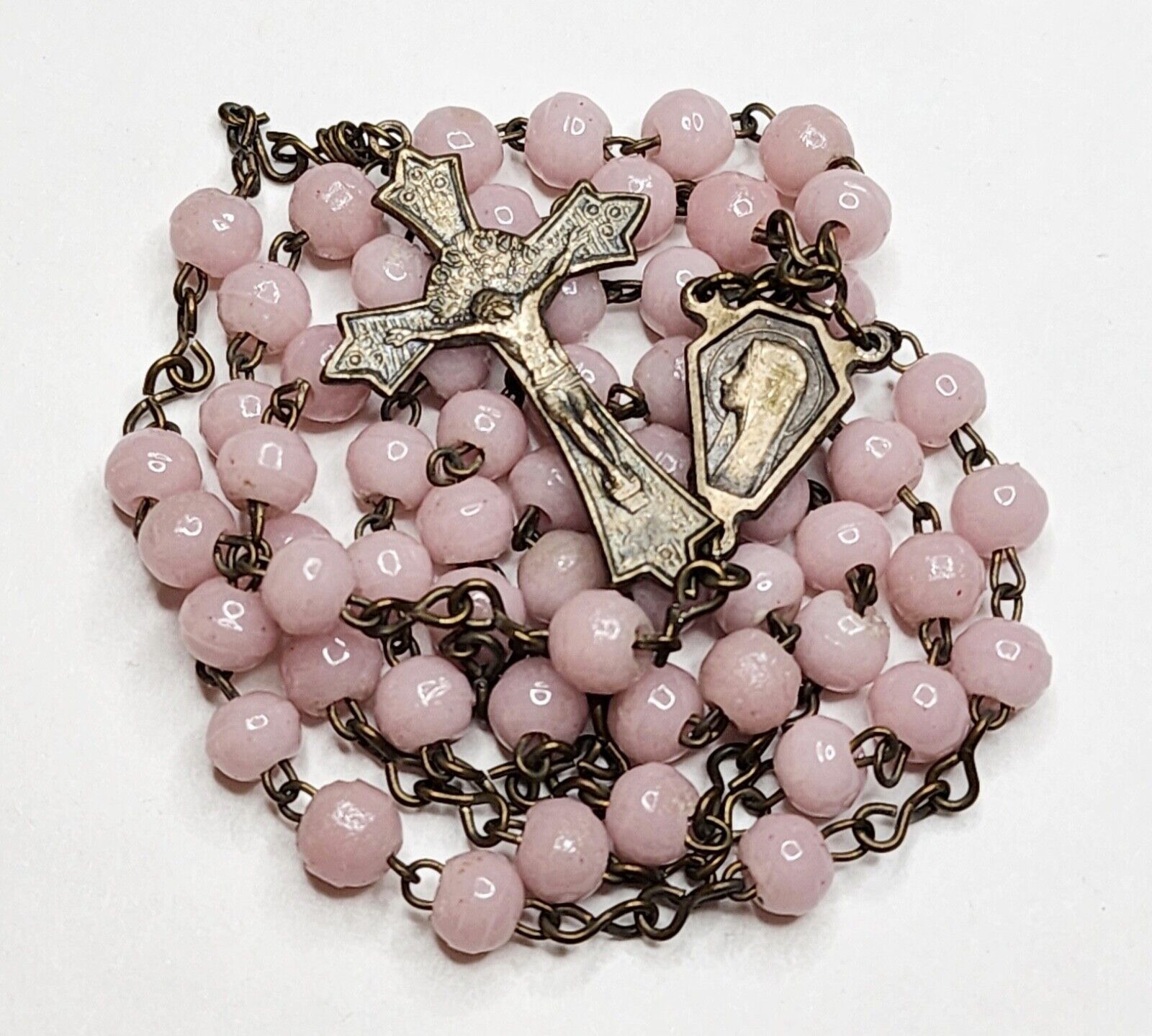 Vintage Catholic Rosary Pink Glass Beads Christian Crucifix Italy