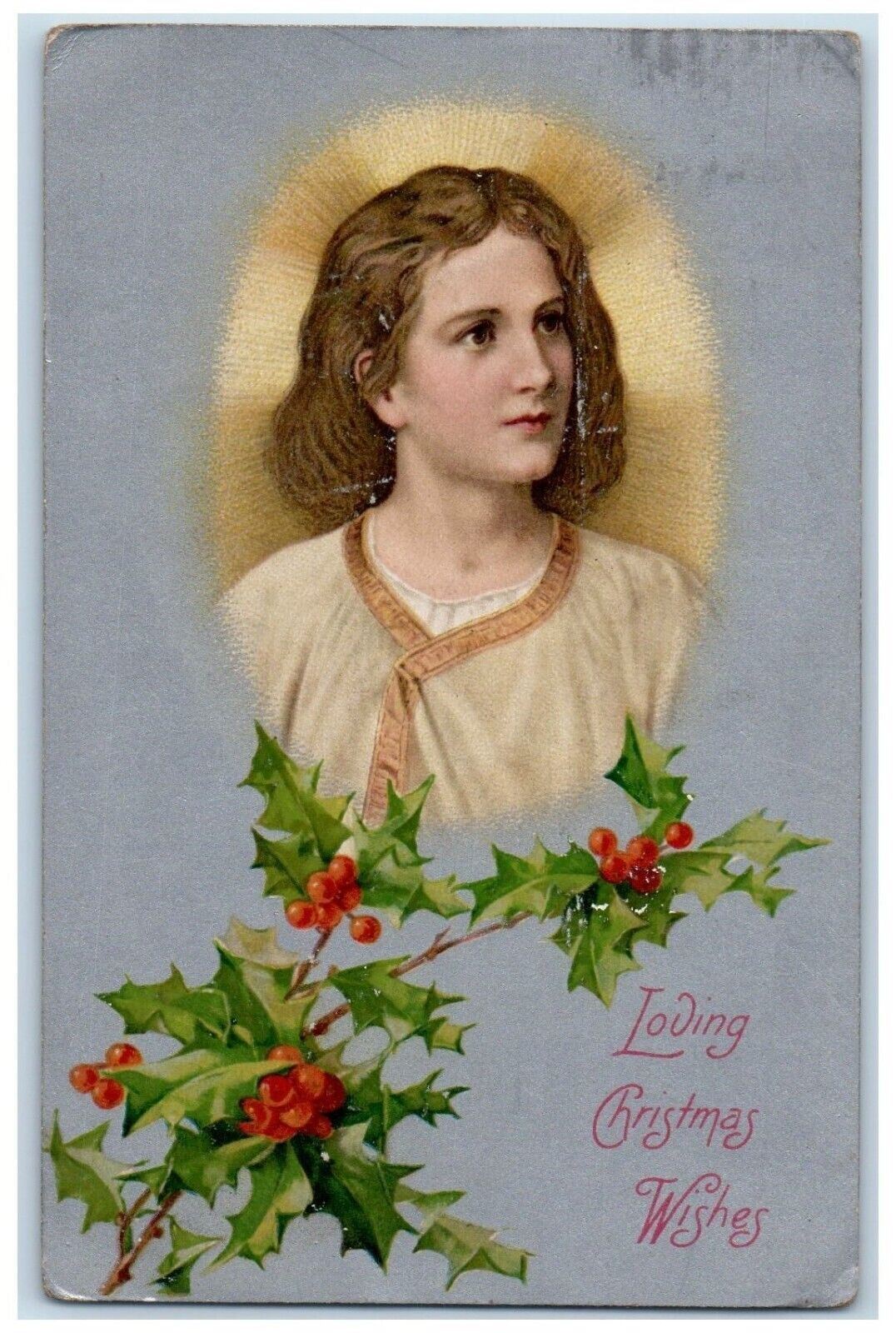 c1910\'s Christmas Holly Berries Religious Embossed Winsch Back Antique Postcard