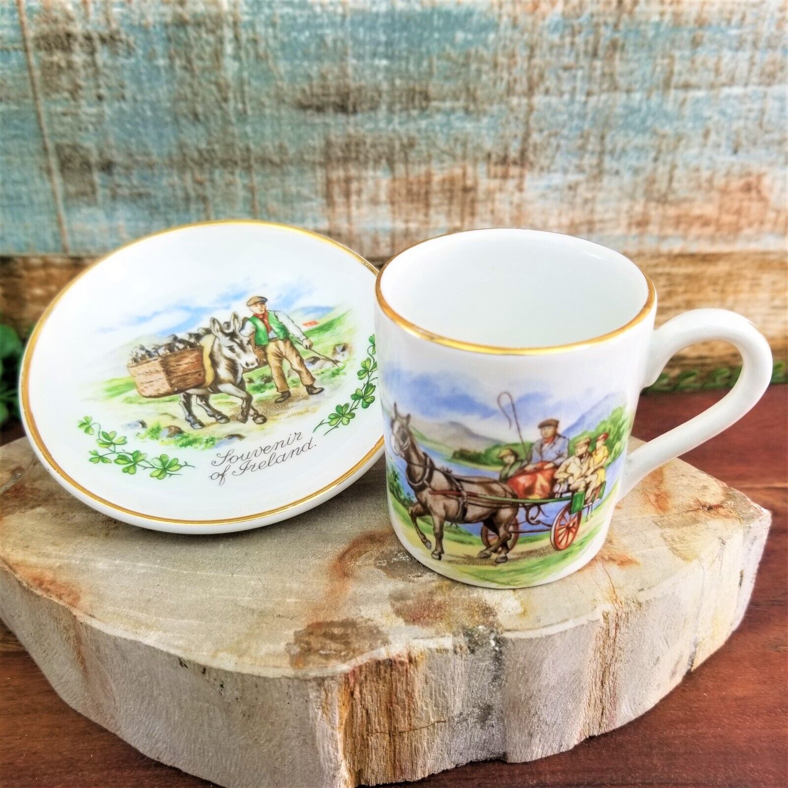 Vintage Tea Cup Saucer Arklow Irish Country Scene Porcelain Gold Trim Demitasse
