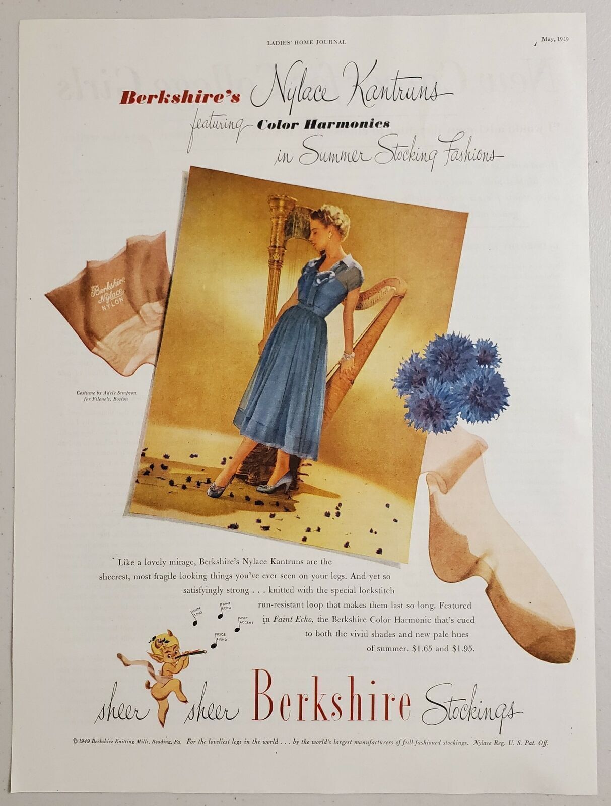 1949 Print Ad Berkshire Nylon Stockings Elegant Lady & Harp Reading,Pennsylvania