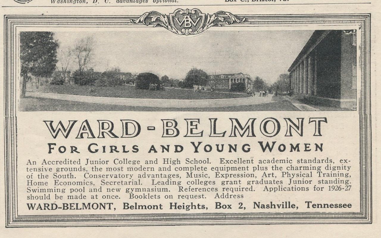 Magazine Ad - 1926 - Ward-Belmont School for girls - Nashville, TN