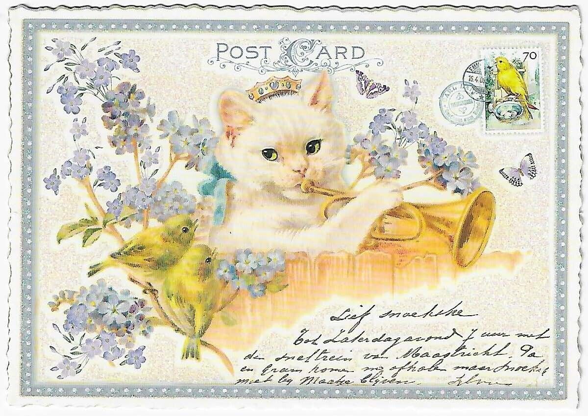 Postcard Glitter Tausendschoen Cats playing Trumpet Postcrossing Anthropomorphic