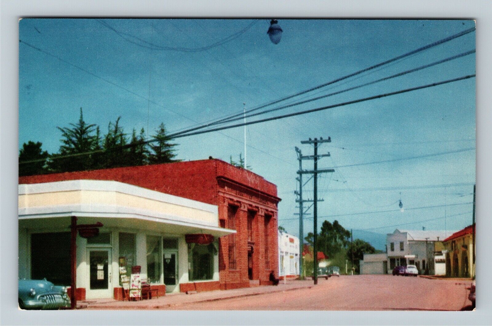 Cambria CA-California, Main Street, Bank Corner Cafe Storefronts Chrome Postcard