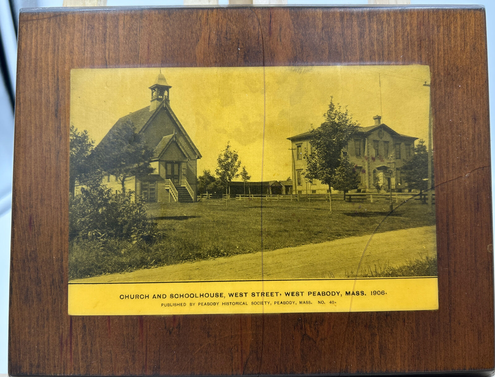 Vintage Peabody, Ma Photo on Wooden Plaque- Church and School House 1906