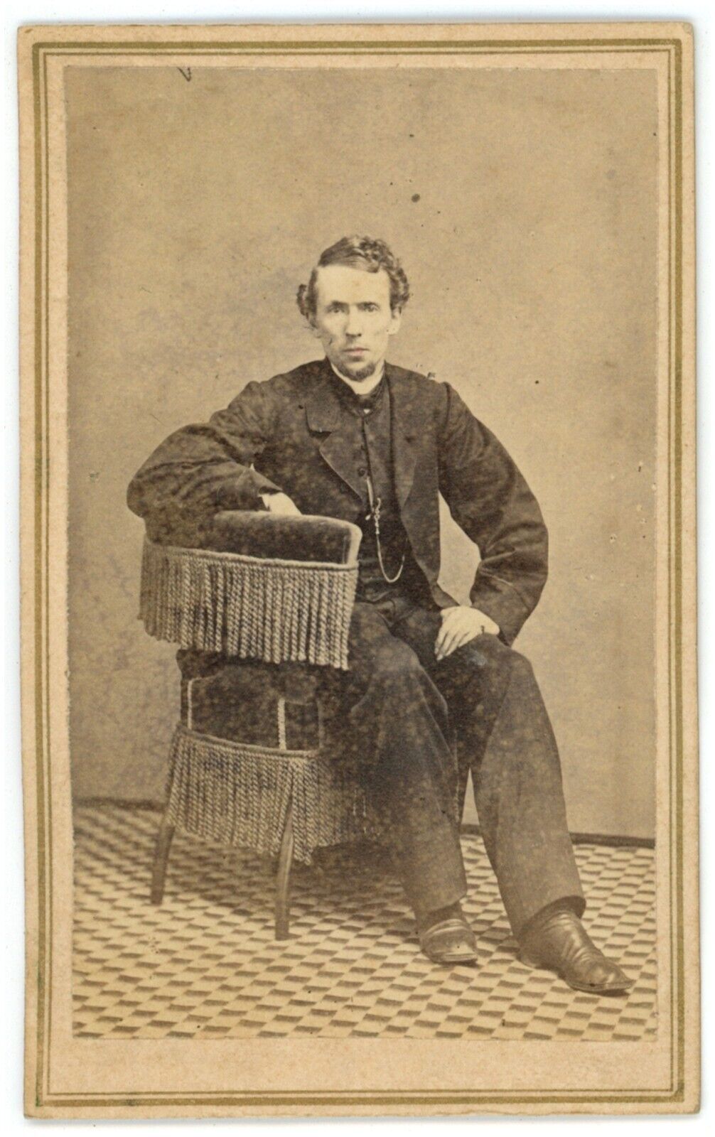 CIRCA 1860\'S CDV Handsome Man Sitting in Posing Chair Wearing Dark Suit & Boots