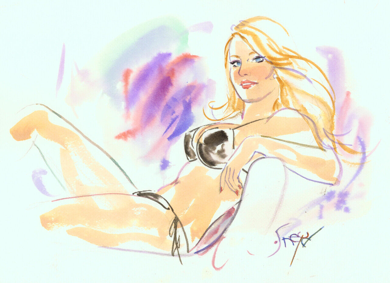 Playboy Artist Doug Sneyd Signed Original Art Sketch ~ Blond in Bikini
