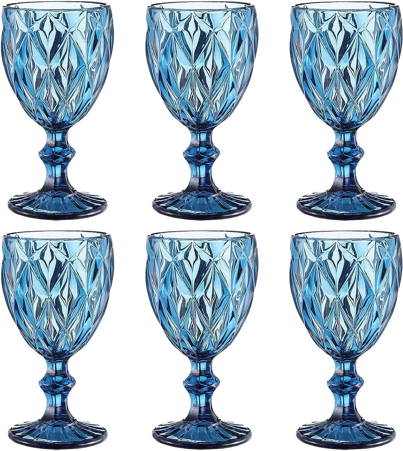 Qulable Elegant Vintage Wine Glass Goblets - Set of 6 | 8oz 8 Ounces, Blue 