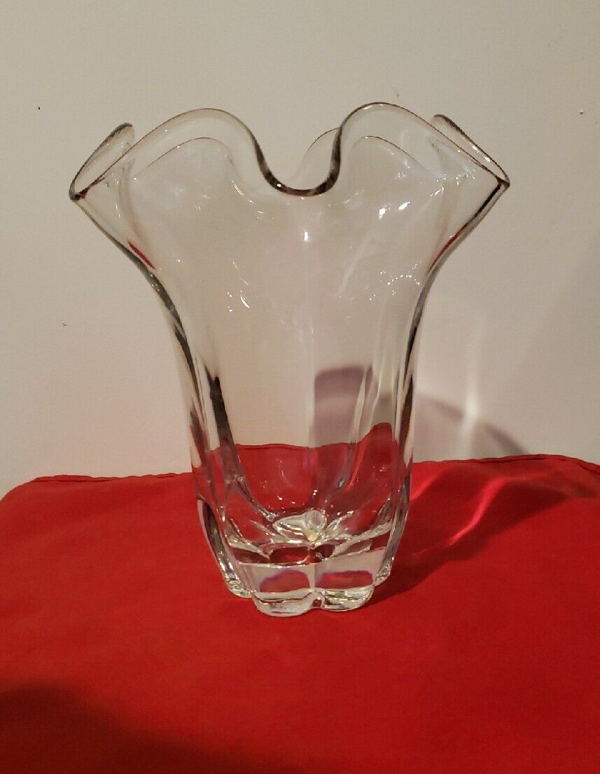 VTG ,Tiffin Heavy Hand Blown Classic Clear Glass Vase Ruffled Top ,8.5 In Tall