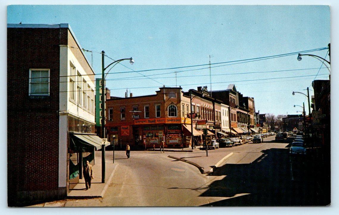 SKOWHEGAN, Maine ME ~ WATER STREET Rexall 1950s Cars Somerset County Postcard