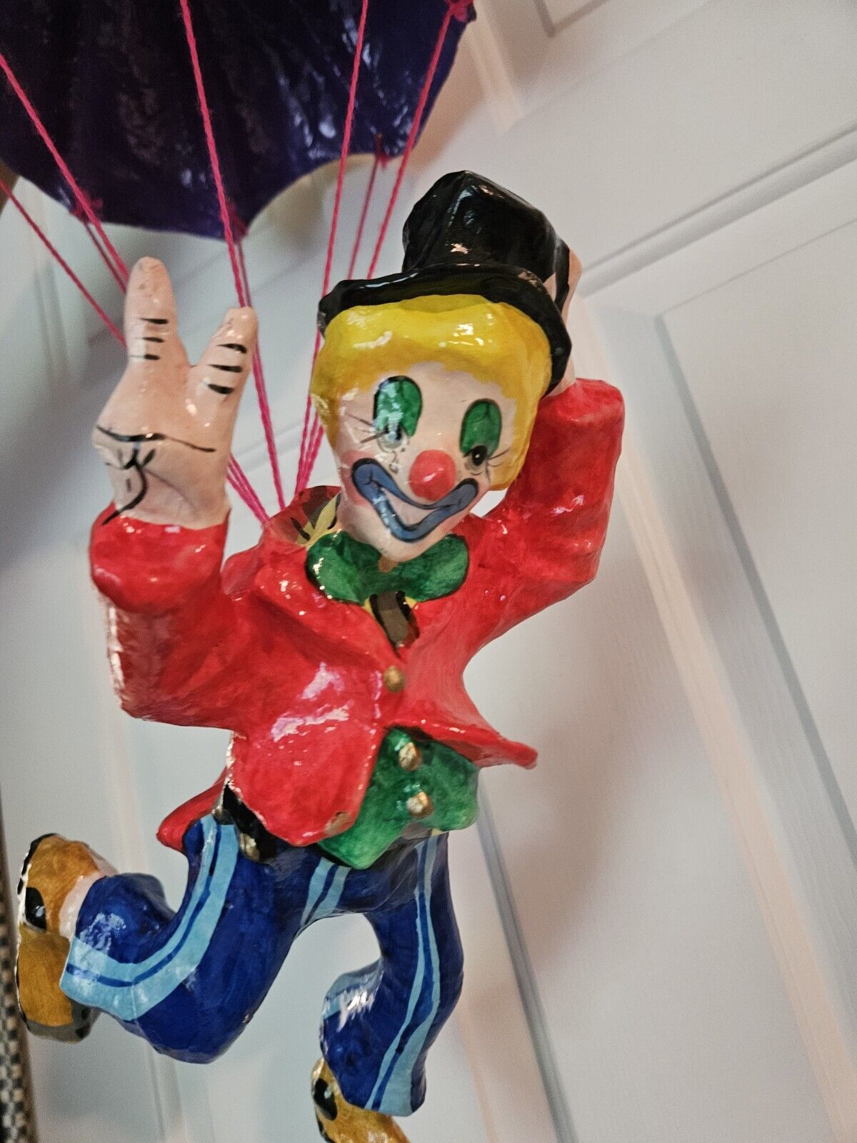 Vintage Paper Mache Hanging Clown With Parachute, Bright Colors, Unique 