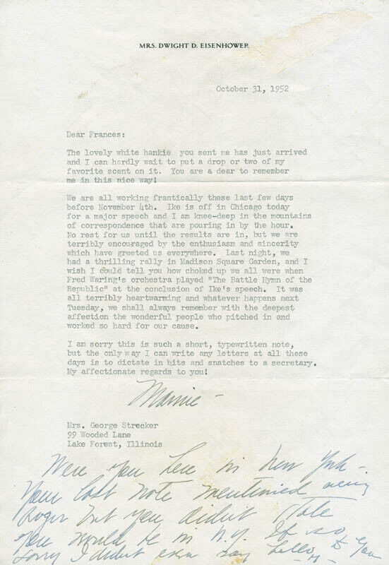 MAMIE DOUD EISENHOWER - TYPED LETTER TWICE SIGNED 10/31/1952
