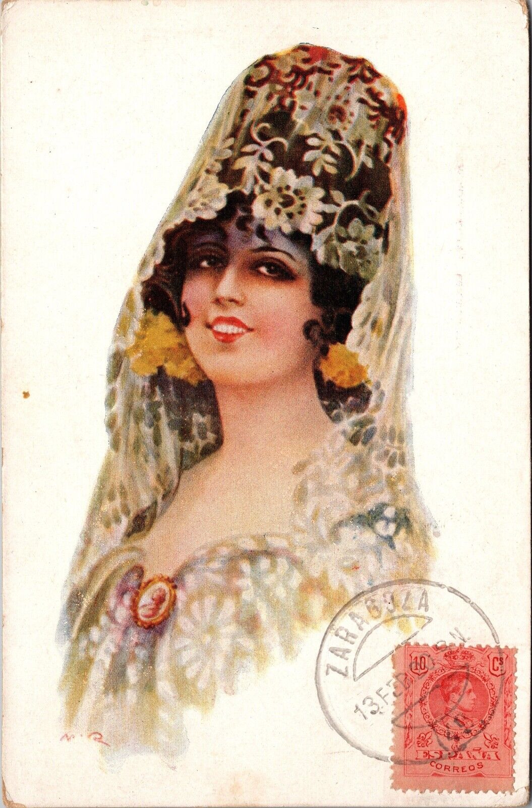 Elegant Spanish Lady Brunette Decollete Lace Mantilla Cameo PU 1920 N172