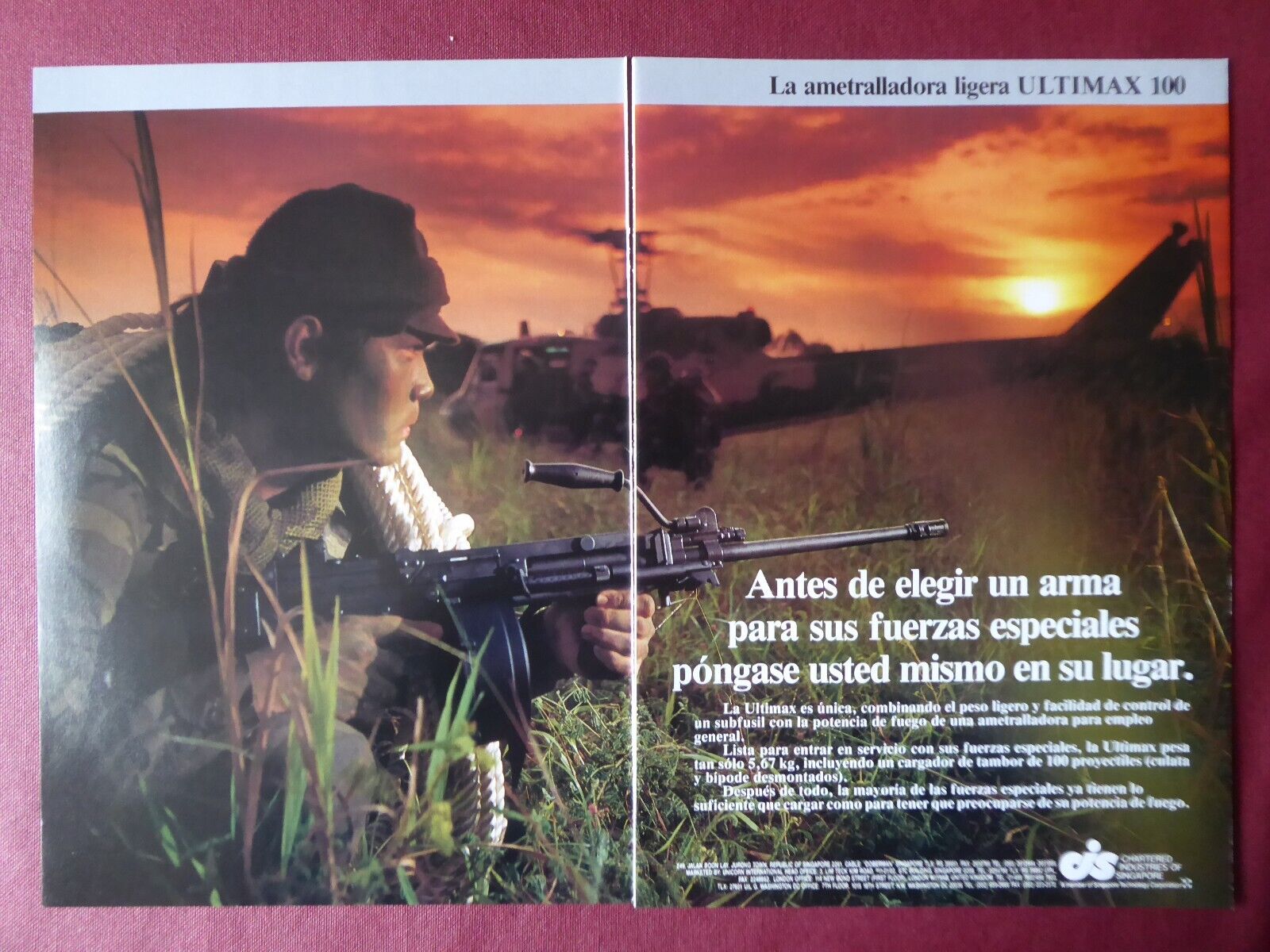 11/1987 PUB CIS SINGAPORE MACHINE GUN RIFLE ULTIMAX 100 MACHINE GUN SPANISH AD