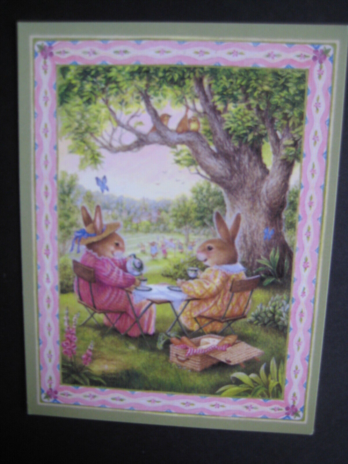 UNUSED vintage greeting card Holly Pond Hill BLANK Bunnies At Tea 4-1/4 x 6