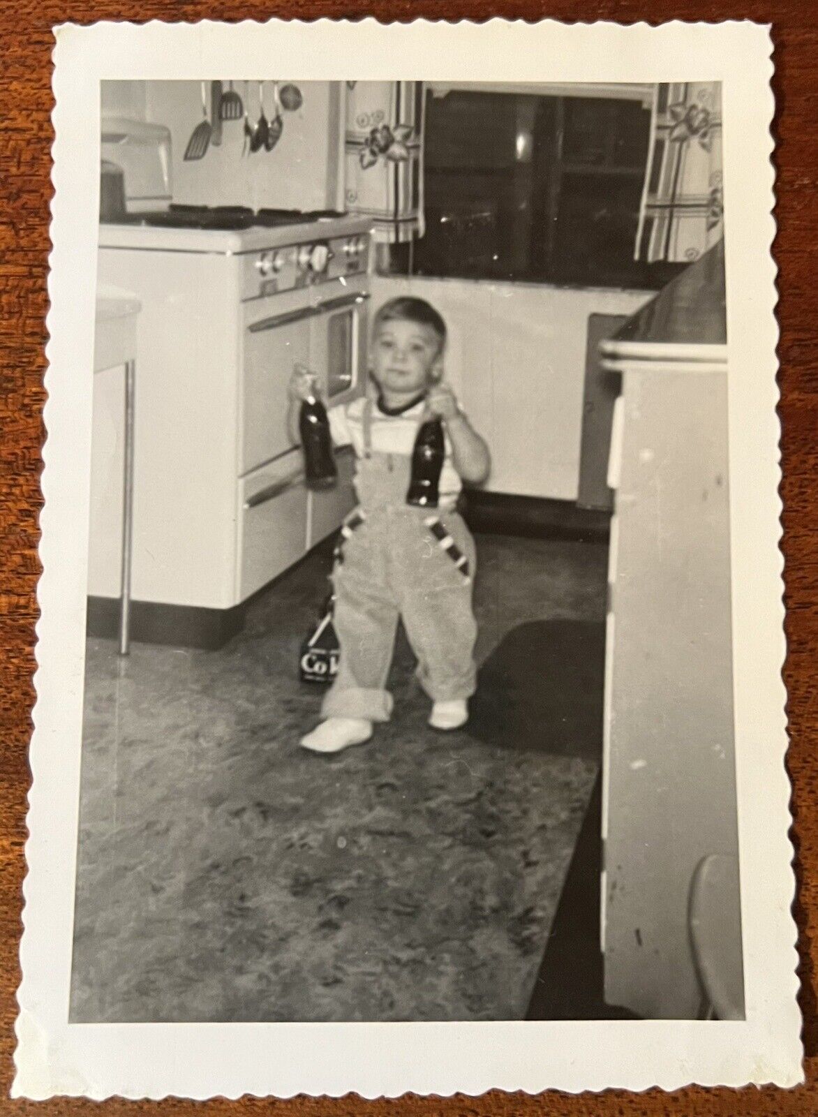 VTG 1950s Photo Little Boy Toddler MCM Kitchen Fetches Coca Cola Coke Bottles