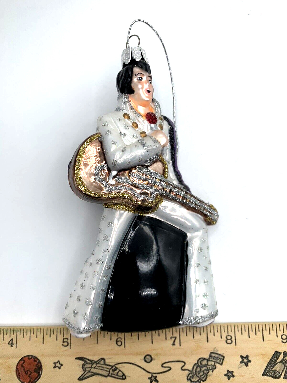 Elvis Presley Ornament Glass Blown Signed Kurt Adler Glitter Black White Gold
