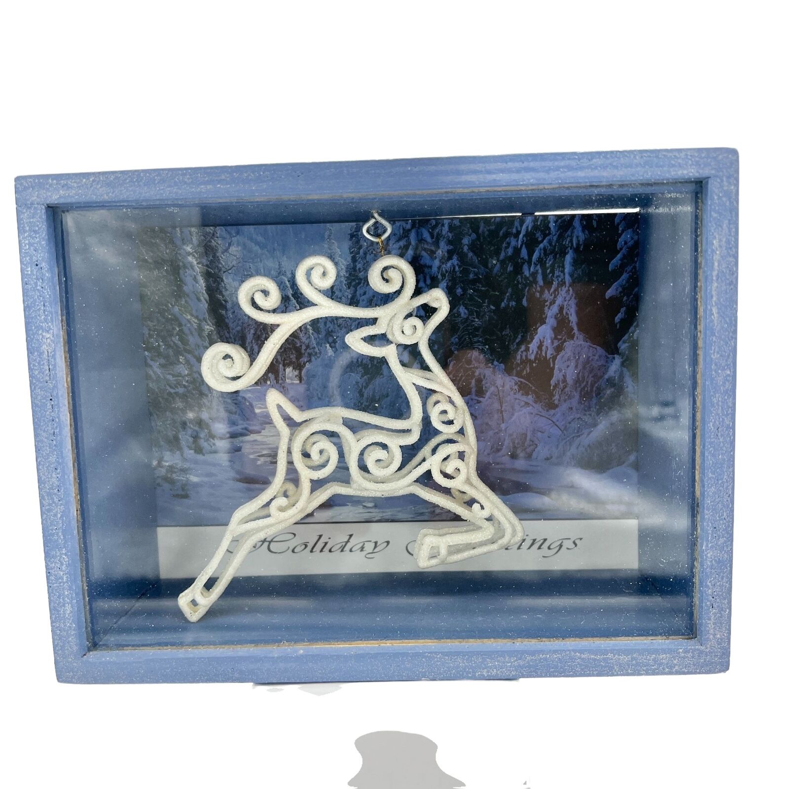 Handcrafted Shadow Box 7.5 x 5.5 x 3 Blue White Deer Christmas