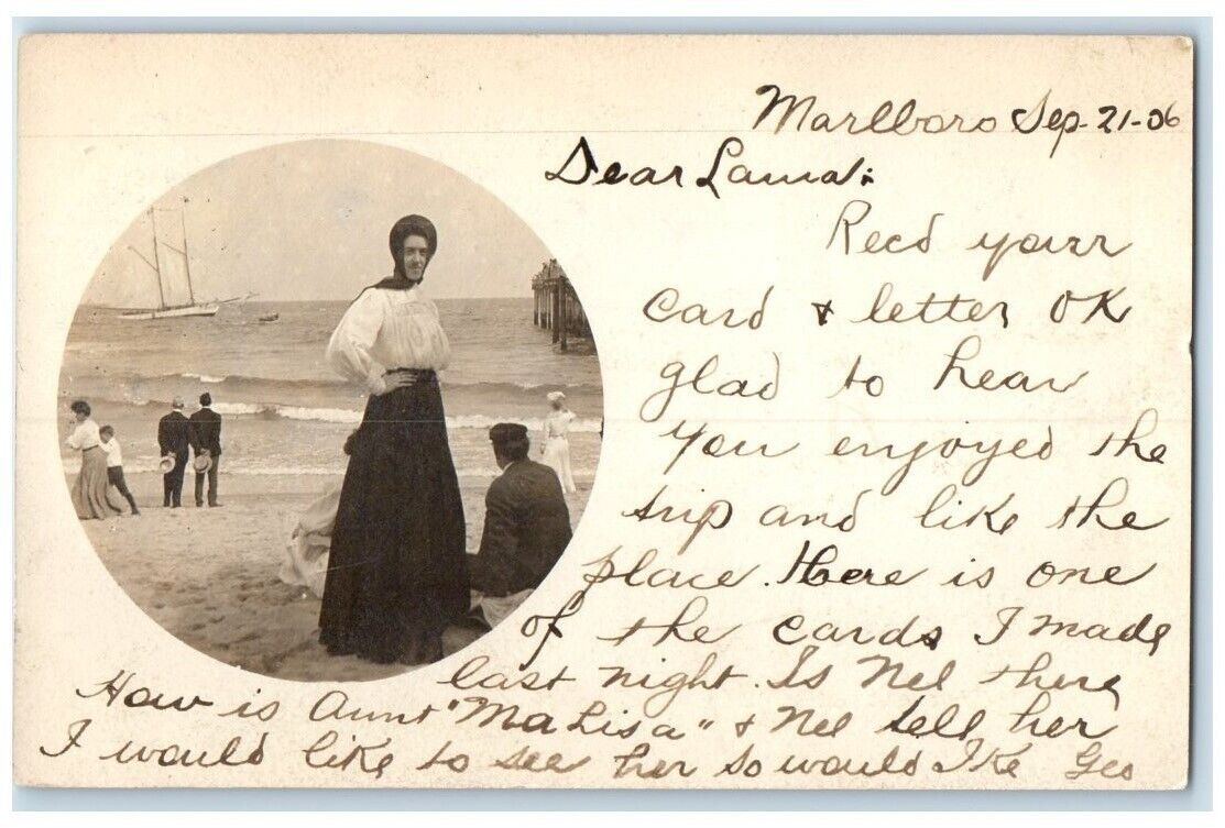 1906 Beach Bathing Beauty Cross Dressing Man Marlboro NY RPPC Photo Postcard