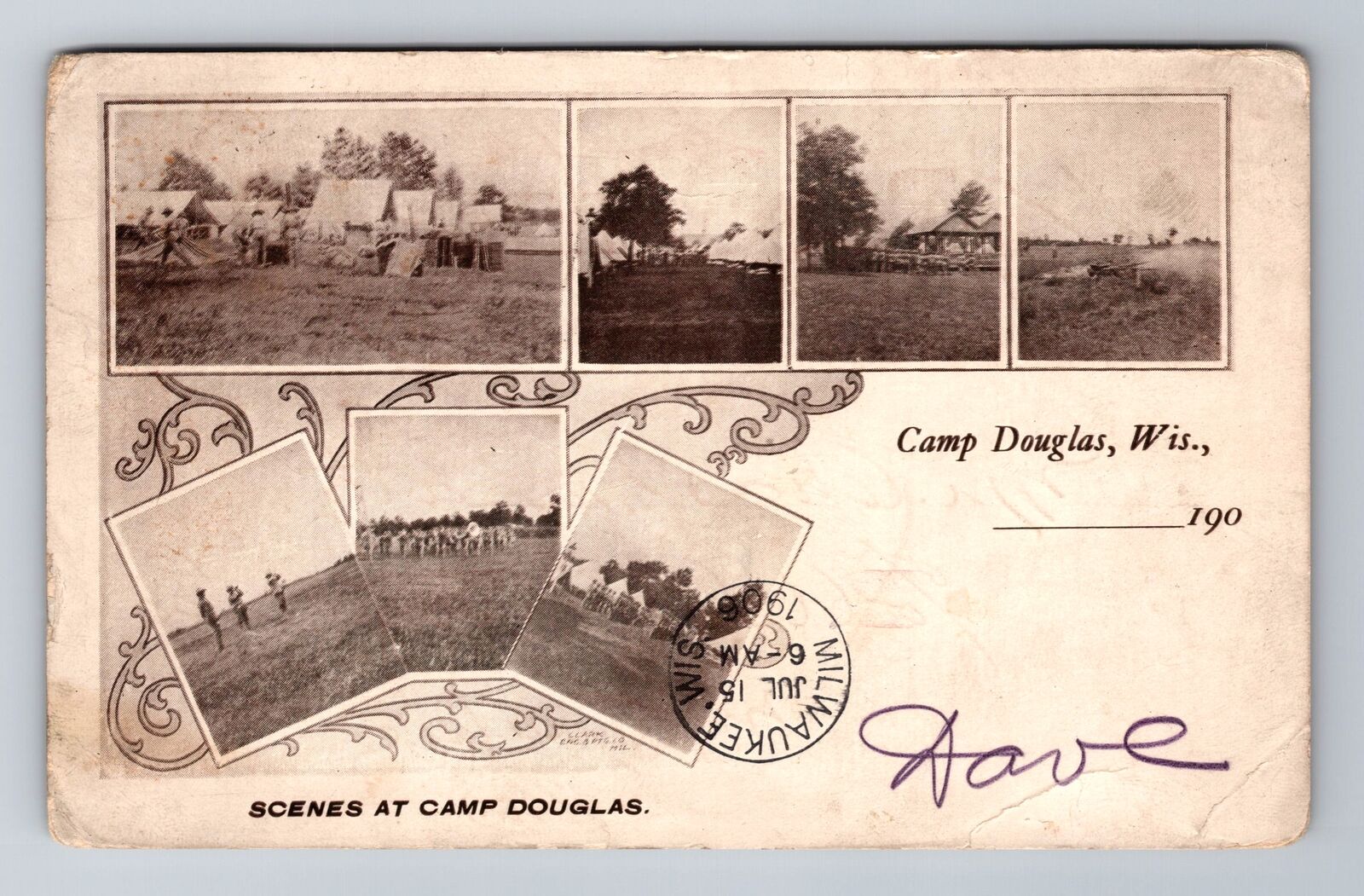 Camp Douglas WI-Wisconsin, Scenes At Camp, Antique, Vintage c1906 Postcard