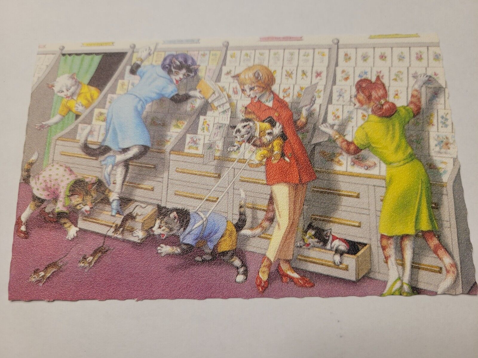 Vintage Alfred Mainzer dressed cat fantasy Postcard shop original UNUSED 