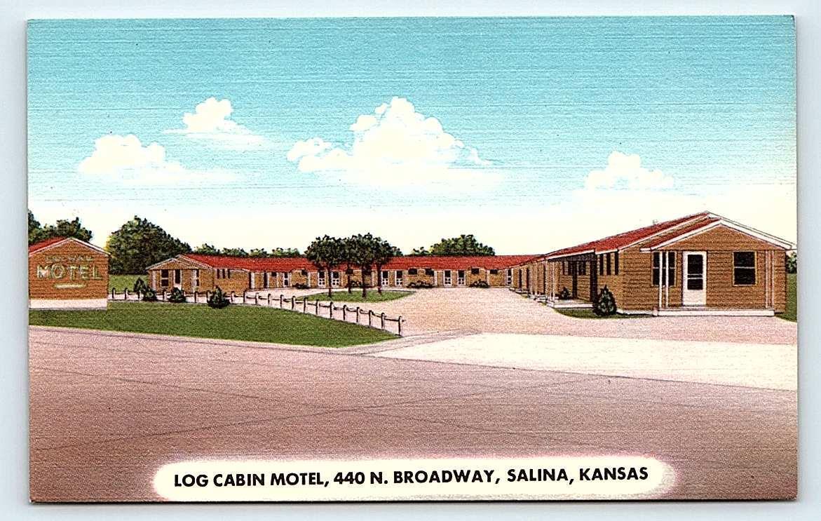 SALINA, KS Kansas ~ LOG CABIN MOTEL c1950s Saline County Roadside Linen Postcard