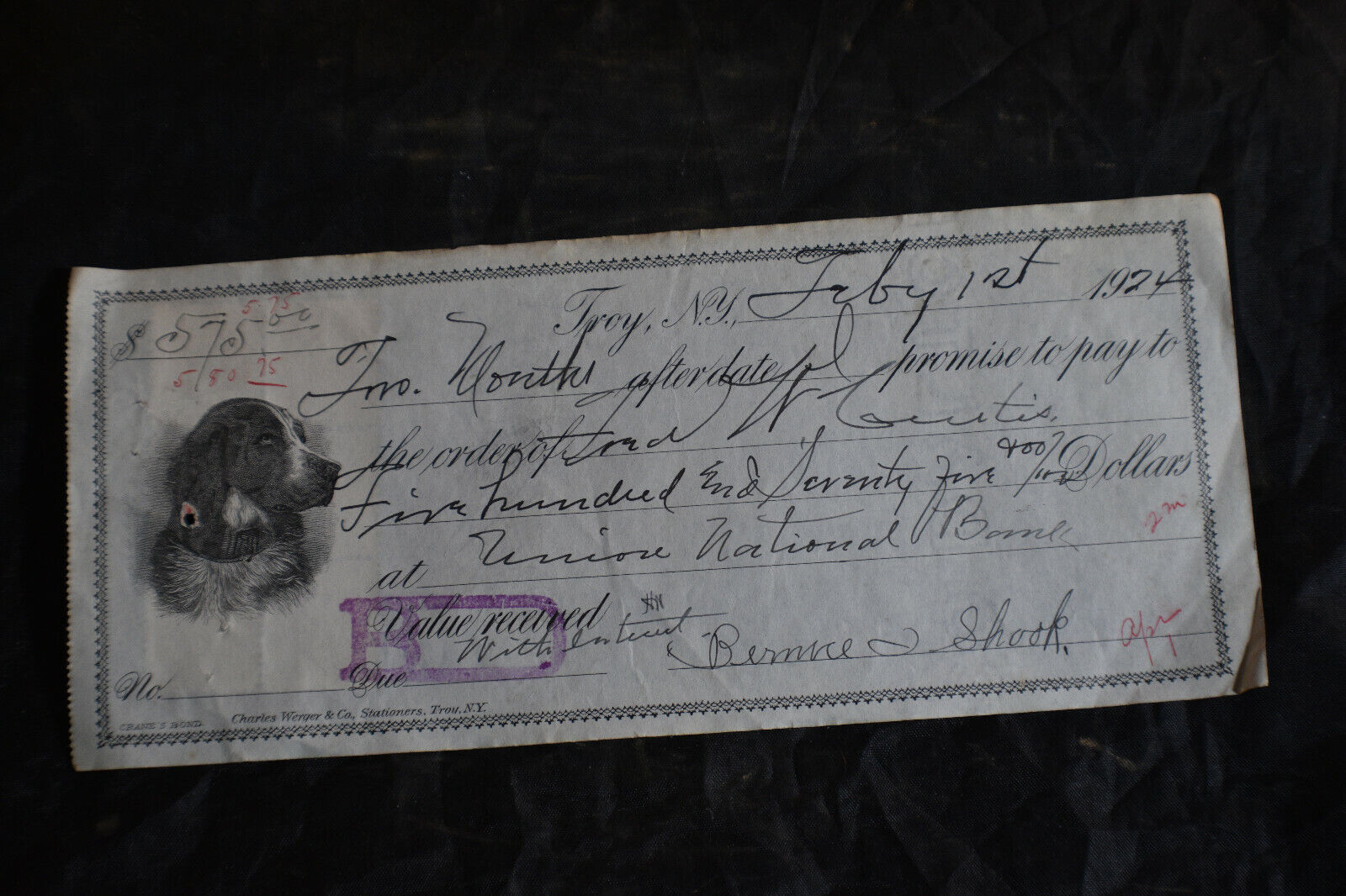 1924 Troy NY $575 Promissary Notice Union National Bank with DOG