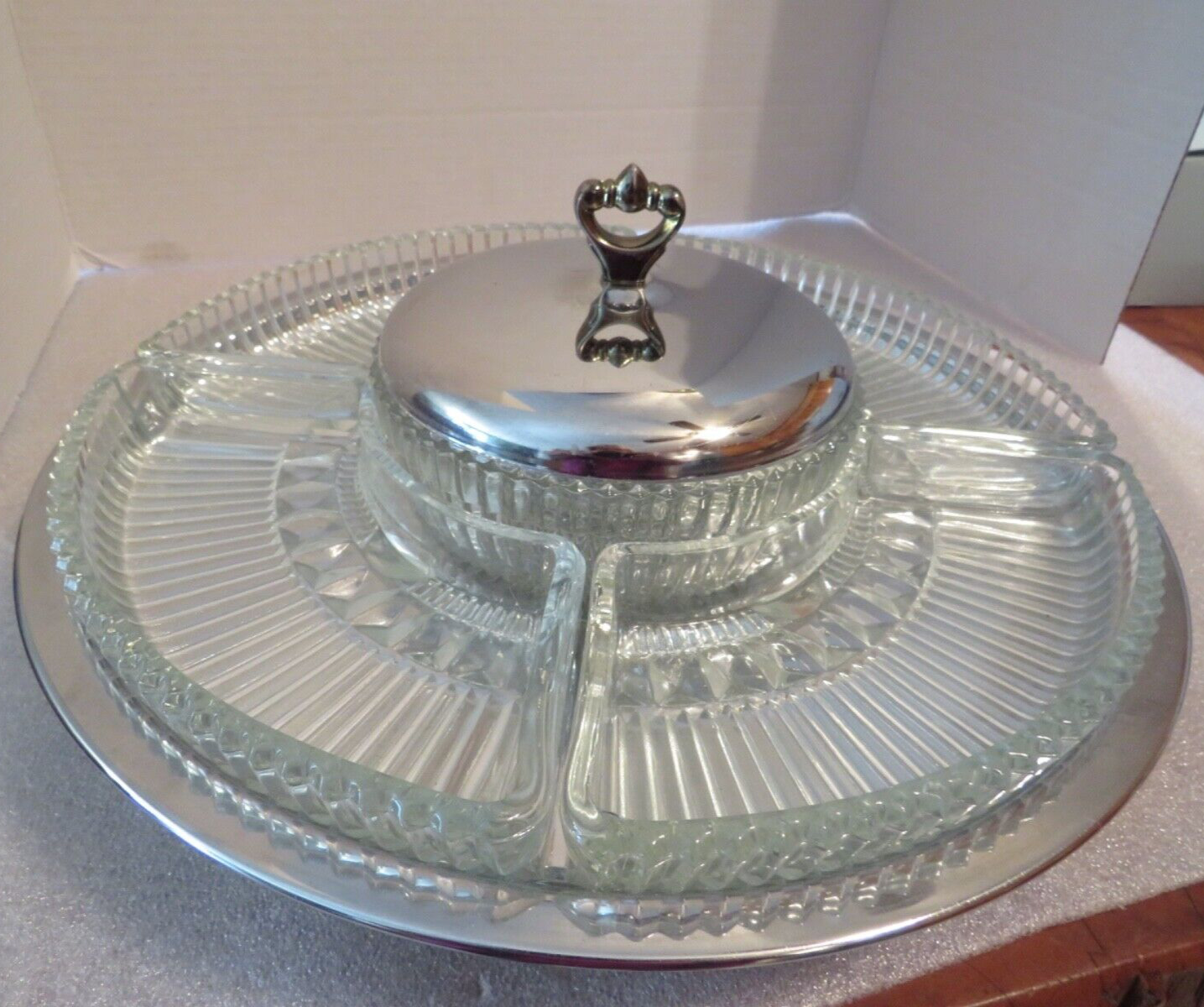 Vintage Kromex Lazy Susan Chrome & Glass Revolving 7 Pc Serving Dish Party Tray