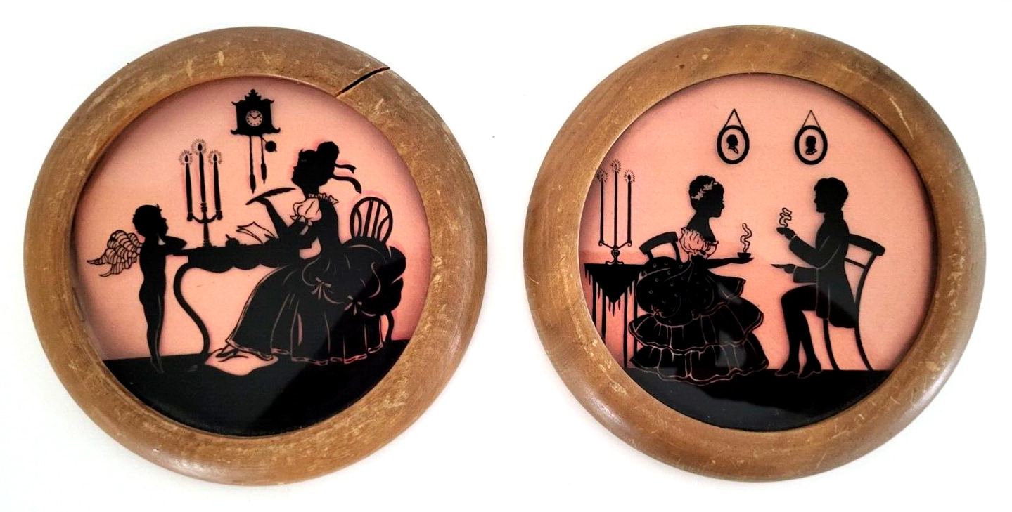 Reverse Painted Romantic Silhouettes Woman With Cupid and Her Man Vintage